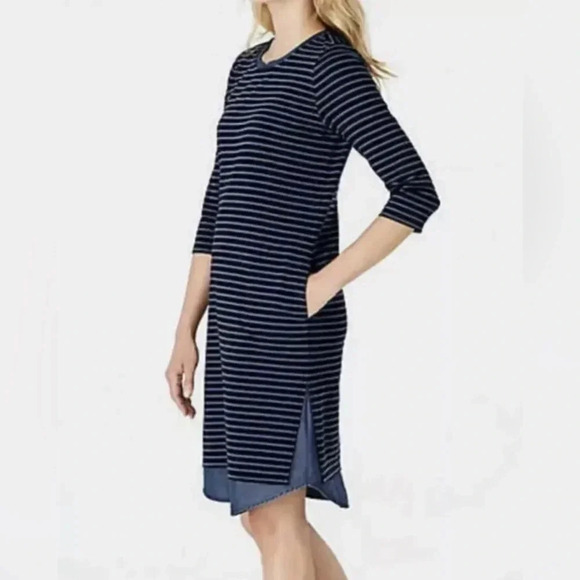 J Jill Mixed Media Shirttail Dress Striped Womens Small Blue Denim Crew - Picture 3 of 12